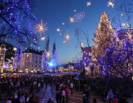 Big Christmas tree covered in twinkling lights in Ljubljana at dusk with lights strung across the square on a special/festival departure